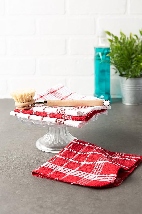 DII Waffle Weave Kitchen Collection, 100% Cotton, Dishcloth Set, Red 12 Piece