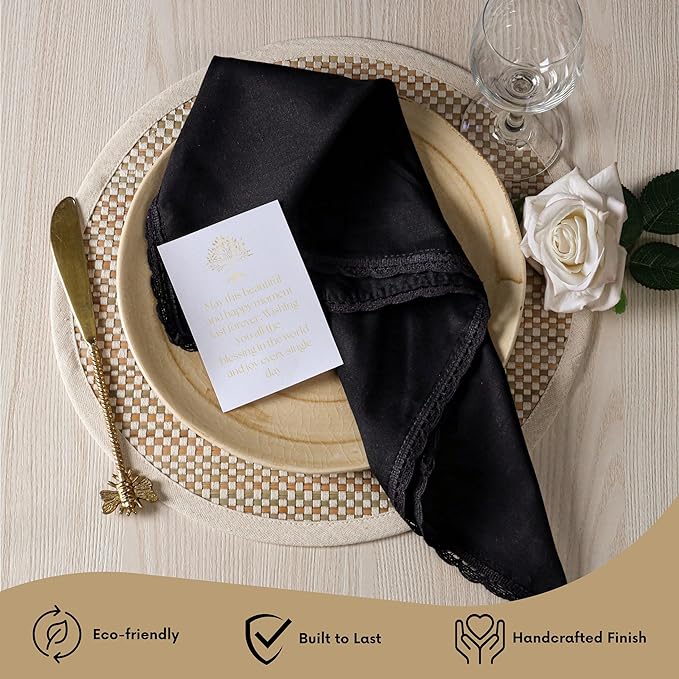 Ramanta Home Linen Flax Cloth Napkins Set of 12 Black, 18x18 Inch | Easter Premium Cotton Linen Flax Lace Soft & Durable | Washable Ideal for Spring Basket Décor, Wedding, Party, Kitchen, Everyday Use