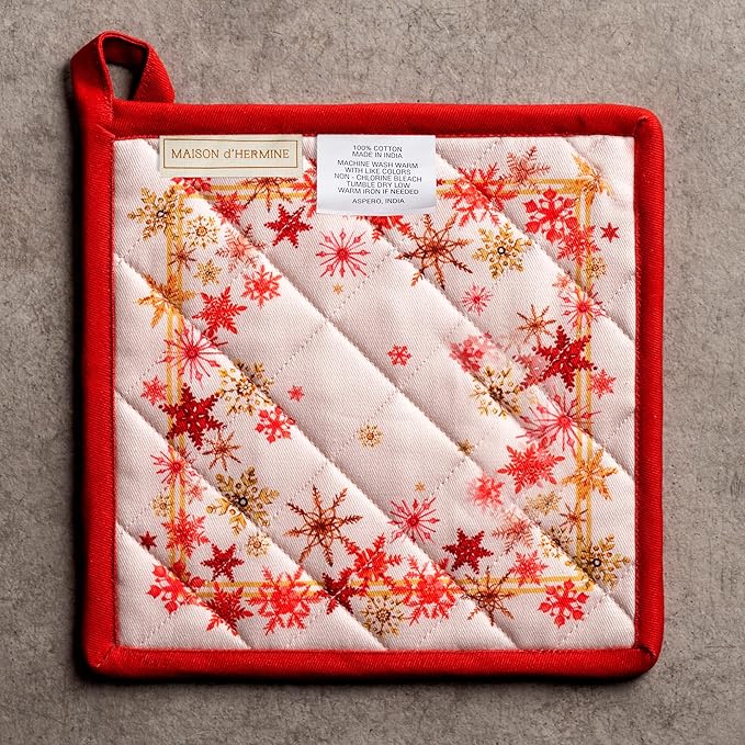 Maison d' Hermine Pot Holders Set 100% Cotton Heat Resistant Potholders 8" x 8" Hot Pads with Loop for Thanksgiving Christmas Decorations BBQ Cooking Baking Handling Hot Pans (Pack of 2, Crystal Star)