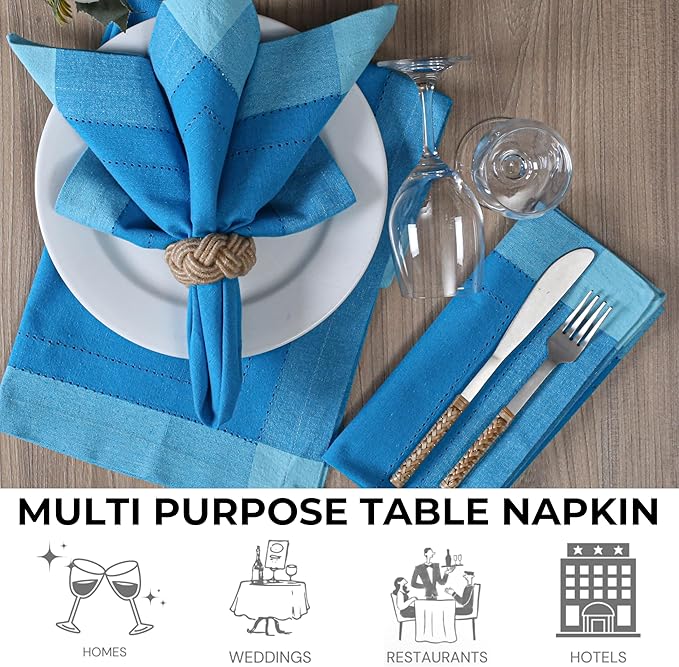 Bedding Craft Cotton Cloth Napkins Set of 12 – 20x20 Teal Blue Multi Double Hemstitched – Machine Washable Dinner Napkins for Weddings, Parties & Father’s Day Celebrations