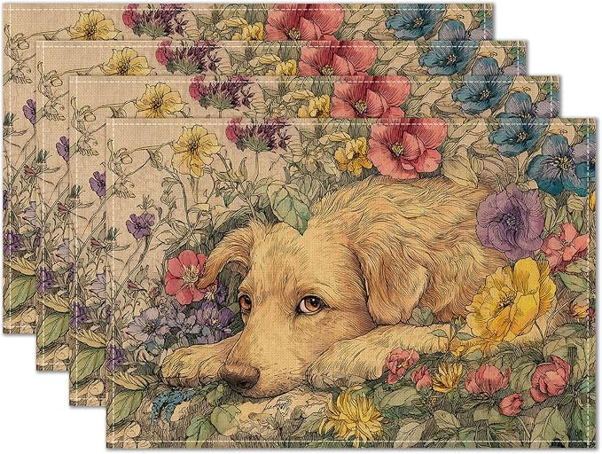 HOMETITUTE Placemats Set of 4 12x18 inch Dog Pattern Spring Table Mats for Dining Table Linen Placemats Farmhouse Decorations Kitchen Decor Desk Mat for Outdoor Home Party Kitchen Seasonal Dining