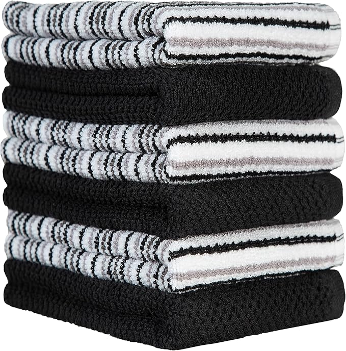 Popcorn Stripe Cotton Kitchen Towels - 6 Pack | 16'x26' | Highly Absorbent 400 GSM | Black