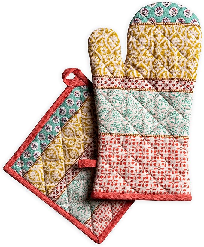 Maison d' Hermine 100% Cotton Oven Mitt & Pot Holder Set (7.5"x13" & 8"x8") Heat Resistant BBQ Cooking Gloves with Loop Baking Grilling Kitchen Gifts for Mothers Day Spring/Summer (Provence)