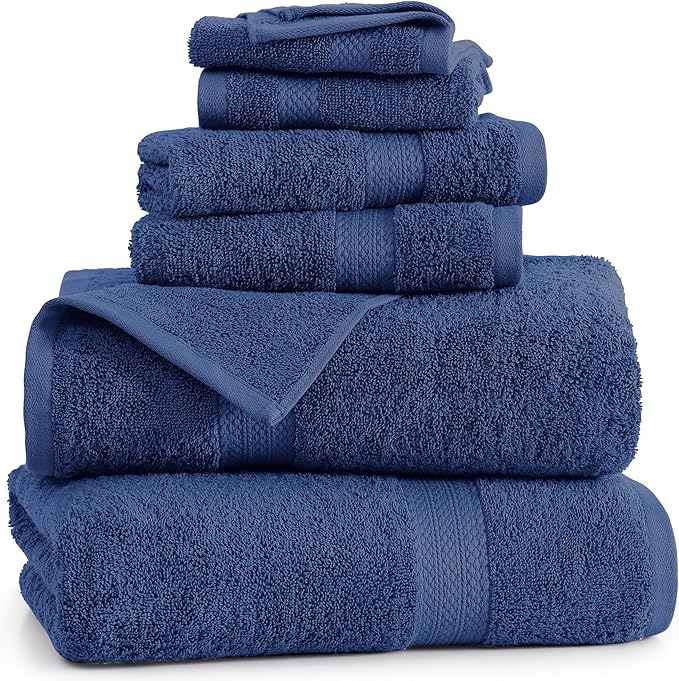 LANE LINEN Luxury Cotton Bath Towel Set - 6 Piece - Low Twist, Soft & High Absorbency - 2 Bath, 2 Wash cloths, 2 Hand Towels - Classic Hotel Quality, Durable & Ideal for Modern Bathrooms - Navy Blue