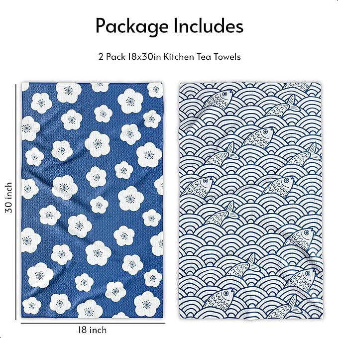 Eulnars Kitchen Towels, Premium Dish Towels for Kitchen Drying, 18" x 30" Tea Towels, Quick Dry Microfiber Dish Cloths, Ocean Sakura Series, 2-Pack