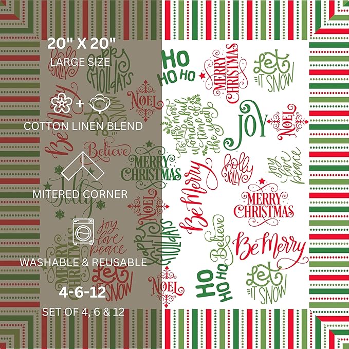 FINGERCRAFT Cloth Napkins, Set of 12 Cotton Linen Blend Printed Dinner Napkins Cloth Mitered Corner Perfect for Parties Dinners Christmas 20x20 Holiday
