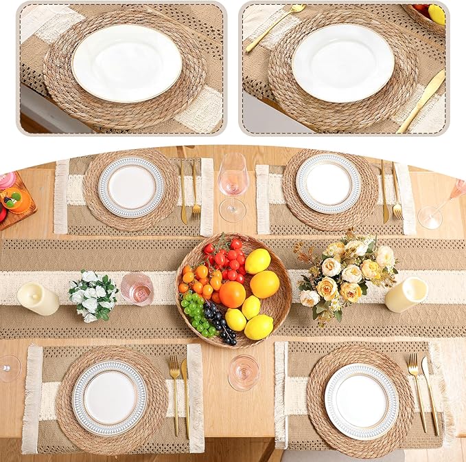 Boho Placemats 4/6/8 Set of Round Woven Placemat Macrame Style Bicolor Stitching Long Table Runner Farmhouse Rustic Natural Burlap Cotton for Kitchen Dining Table(6 Sets,Khaki B,12x72)