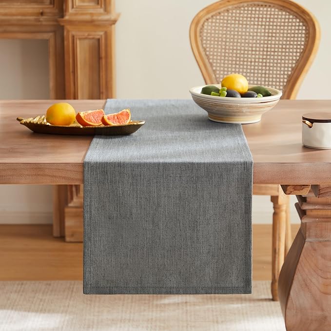 ZeeMart Rustic Cotton Linen Table Runner, 13x36 Inches Dark Grey, Farmhouse Style Dark Grey Table Runners 36 Inches Long, Washable Kitchen Dining Table Decoration for Home Party Decor