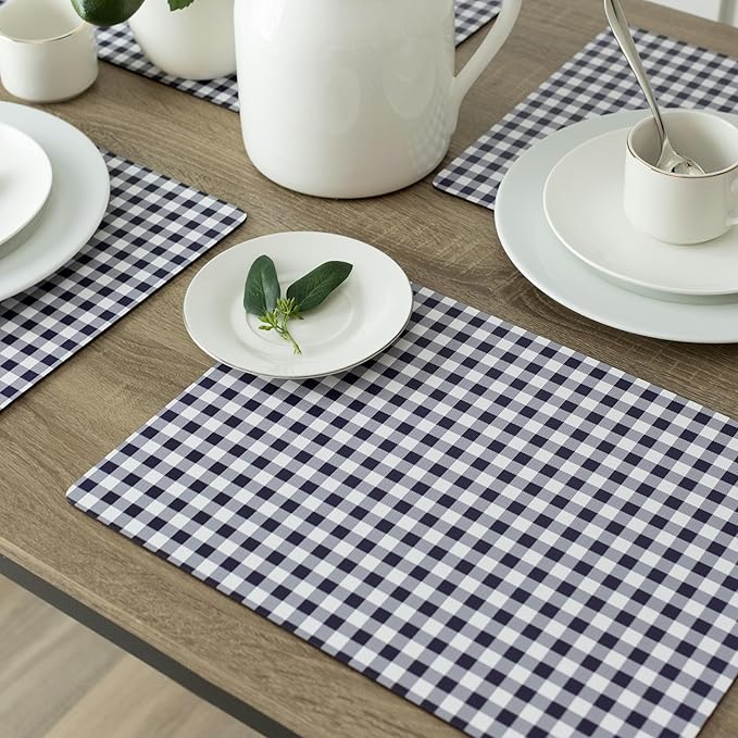 Benson Mills Cork Placemats Set of 4, Thick Cork Place Mats for Kitchen and Dining Tables, Easy Clean Table Mats (12" x 16" Rectangular Set of 4, Gingham Check Navy)