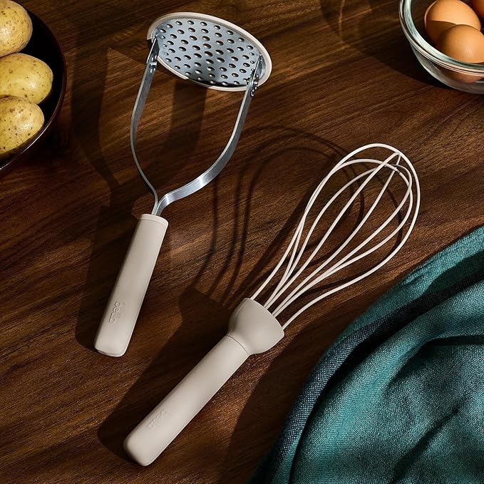 bella 2-Piece Compact Masher and Whisk Set, Fold Flat, Stainless steel and silicone, Foldable Masher, Ballon Whisk, Flat Whisk, Non-stick, Nonslip, Heat safe to 425°F, Oatmilk