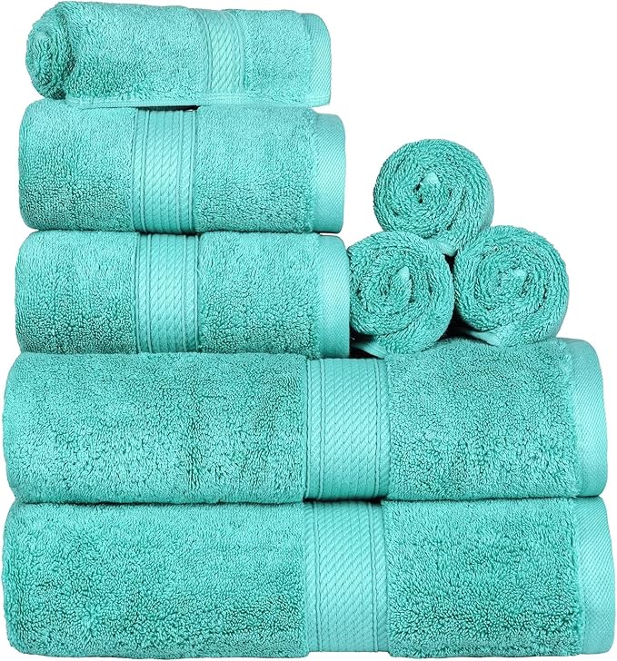 SUPERIOR Egyptian Cotton Pile 8 Piece Towel Set, Includes 2 Bath, 2 Hand, 4 Face Towels/Washcloths, Ultra Soft Luxury Towels, Thick Plush Essentials, Guest Bath, Spa, Hotel Bathroom, Turquoise