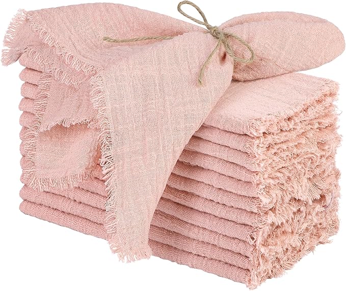 TURSTIN 12 Pieces Cotton Linen Cloth Napkin Handmade Cloth Napkin with Fringe 17 x 17 Inch Soft Dinner Wedding Napkins Square Rustic Fringe Table Napkins for Dinners, Parties, Weddings, Dusty Pink