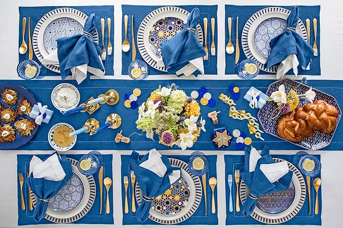 Solino Home Linen Placemats Set of 4 - Classic Hemstitch Indigo Blue Placemats 14 x 19 Inch - 100% Pure Linen Table Mats for Spring, Summer, Mothers Day