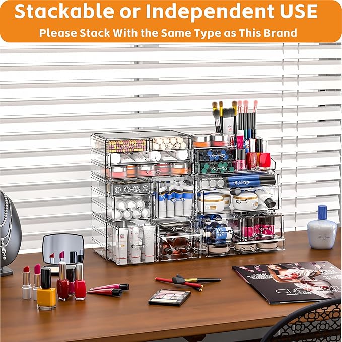 Acrylic Clear Makeup Organizer Countertop,Stackable Skincare Organizer for Vanity With 11 Drawer,Large Plastic Desk Accessories Organization,Bathroom Cosmetic Organizer Countertop for Beauty,Skin Care