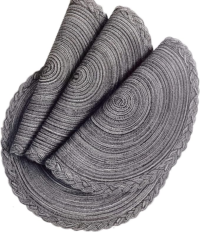 Indoor and Outdoor Round Cotton Placemat, Non Slip Round Braided Placemats Cotton Polyester Table Mats for Dining Tables 15 inch (Gray and Black, Set of 4)