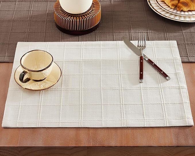 ZeeMart Linen Checked Placemats Set of 4, Plaid Embroidery Textured Table Mats, Double Layer Thick Farmhouse Rustic Place Mats for Kitchen Dining Table Home Decor, Ivory 13x19 Inch