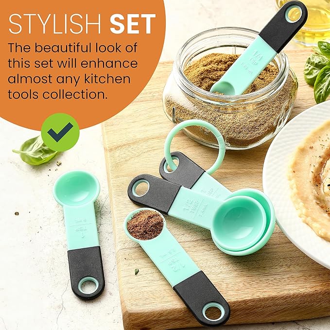 Spring Chef Mint Magnetic Measuring Cups and Spoons Set of 9, Stackable Plastic Kitchen Tool with Easy to Read Markings - Measure Dry or Liquid Ingredient for Baking & Cooking, BPA Free