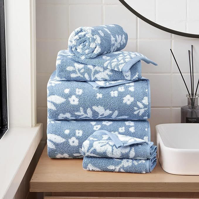 Lucky Brand Folk Floral 6 Piece Bath Towel Set - (2) Bath Towels, (2) Hand Towels, and (2) Washcloths - Dusty Blue Premium Bathroom Towel Set