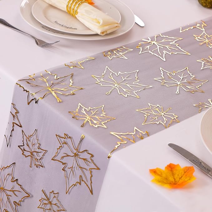 Snowkingdom Fall Table Runners, Gold Maple Leaves Thanksgiving Table Decorations for Autumn Harvest Sequin Glitter Lightweight Black Thin Mesh Sparkle Farmhouse Dining Party Decor 120 Inch