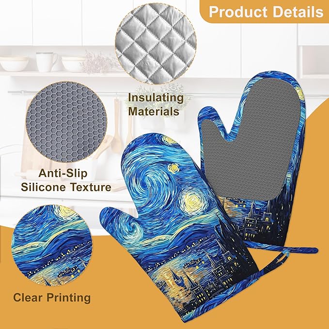 Starry Night Oven Mitts and Pot Holders Set of 4, Heat Resistant Non Slip Kitchen Gloves Hot Pads, Chef Cooking Baking Gifts for Women Bakers, Kitchen Gifts for Cooking Lover Cooks Mom