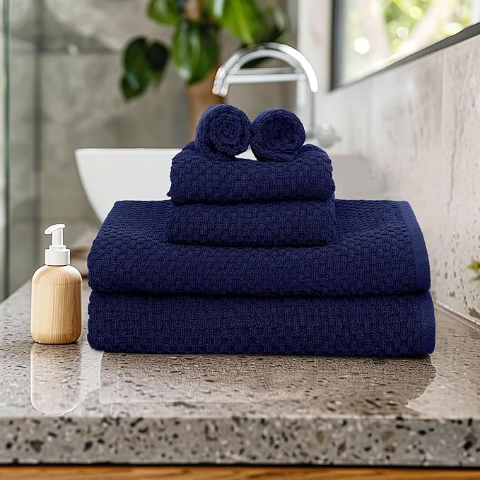 COTTON CRAFT Waffle 6 Piece Towel Set - 100% Cotton - 2 Oversized Luxurious Euro Spa Waffle Weave Large Bath Towels, 2 Hand Towels, 2 Washcloths - Absorbent Quick Dry Hotel Bathroom Shower - Navy