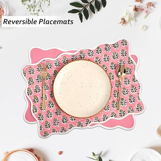 CPC Cotton Placemats Poopy Pink Set of 4-Hand Block Printed Reversible Placemats, Flower Scalloped & Embroidered Cloth Table Mats - 14 x 20 inch Gift for Spring, Mother's Day