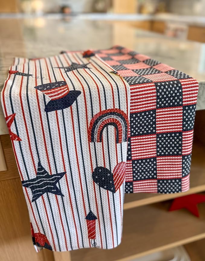 2 Pack|| Double Sided || Not Your Ordinary Kitchen Towels || Dish Towels || Quick Dry || Waffle Weave Microfiber || Designer Prints || Highly Absorbent || Hanging Hook (4th of July Navy)