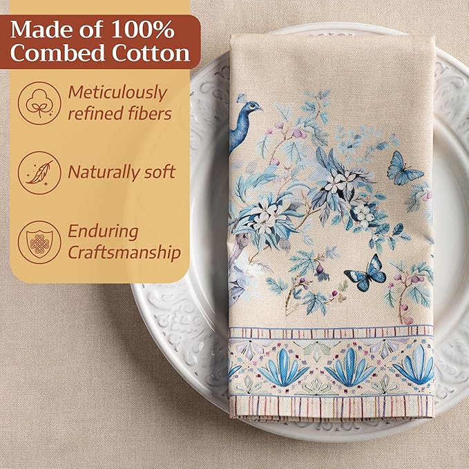 Maison d' Hermine Napkins 100% Combed Cotton Premium Set of 4 Decorative Cloth Napkin Washable Dinner Napkins for Holiday, Dinner, Wedding & Dining - Peacock Utopia - Sandy Beach (20”x20”)