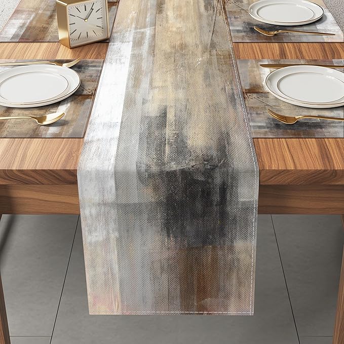 Brown and Gray Table Runner and Placemats Set of 6 Farmhouse Washable Linen Place Mats Rustic Abstract Art Table Decor for Kitchen Dining Coffee Outdoor Party (Brown and Gray, 13"x71"+12"x18")