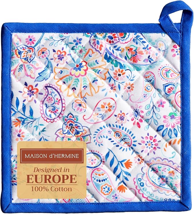 Maison d' Hermine Pot Holders 100% Cotton Heat Resistant Potholders 8" x 8" Hot Pads with Loop BBQ Cooking Baking Gifts for Mothers Day Handling Hot Pans Spring/Summer (Pack of 1, Indian Floral)