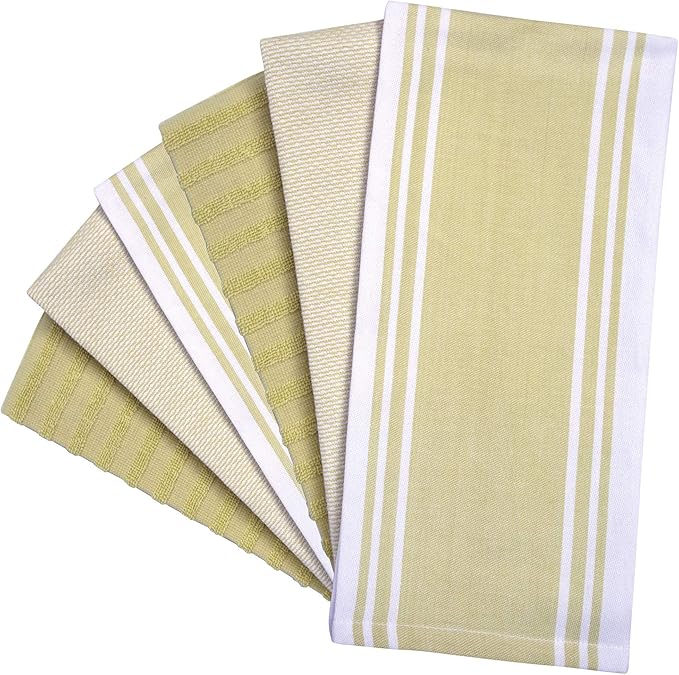Premium Kitchen Towels (20”x 28”, 6 Pack) | Large Cotton Dish Towels | Flat & Terry Highly Absorbent Kitchen Linen Set with Hanging Loop | Wide Stripe Sage Green