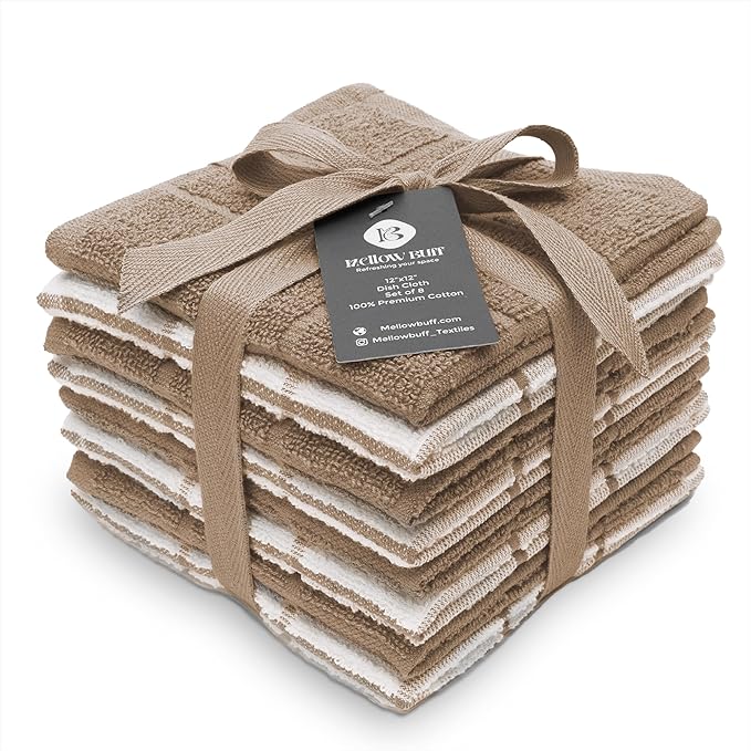 100% Cotton Terry Dish Cloth & Dish Towel, 8 Pack, Super Soft and Absorbent Kitchen Towels, Perfect for Kitchen Cleaning and Dish Washing (TAN (Solid and Checks) 8 Pack)