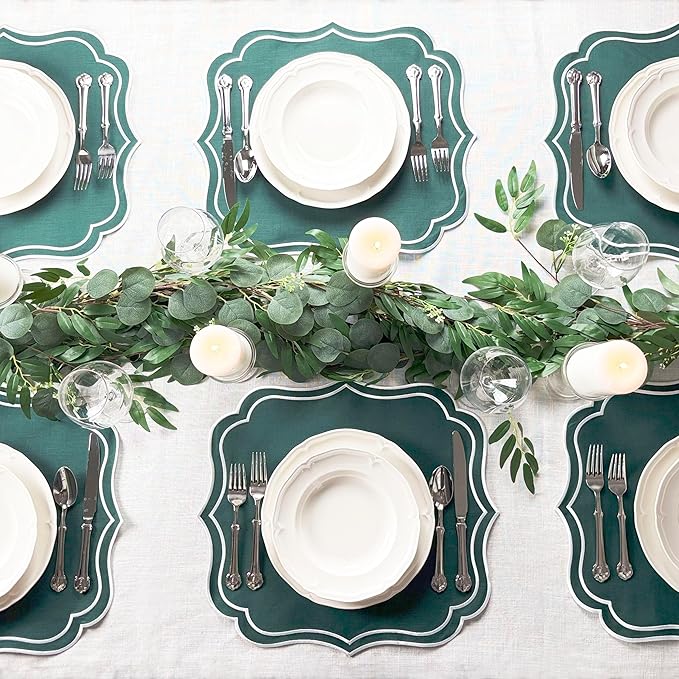 Cotton Linen Placemats Set of 4 - Double Layered, Machine Washable, Wrinkle Resistance, Scalloped & Embroidered Cloth Table Mats - Spring, Summer Mat, Gift for Mom, 19 x 17 inch, Green