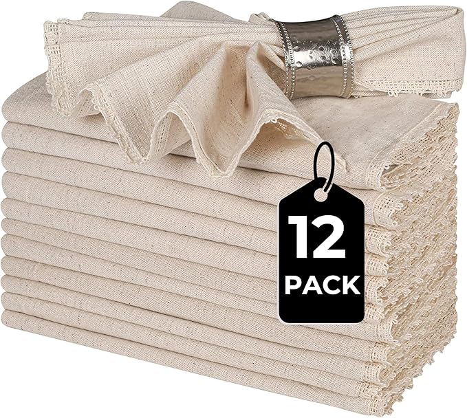Homidate Cloth Dinner Napkins Linen Flax Cotton 18x18 Set of 12 – Natural with Lace & Mitered Corners – Machine Washable Reusable Fabric Napkins for Weddings, Parties & Table Decorations