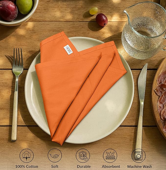 Ruvanti Cloth Napkins Set of 12, 100% Cotton High GSM 18x18 Inches Soft, Washable, Highly Durable & Absorbent, Perfect for Parties, Christmas, Thanksgiving Dinners – Orange Peel
