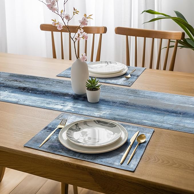 Blue and Gray Table Runner and Placemats Set of 6 Farmhouse Washable Linen Place Mats Rustic Abstract Art Table Decor for Kitchen Dining Coffee Outdoor Party (Blue and Gray, 13"x71"+12"x18")