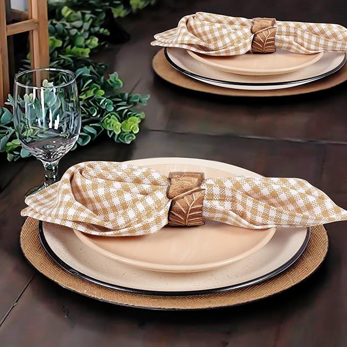 Native Fab Gingham Mini Check Set of 4 Cloth Dinner Napkins 16x16 inches Soft, Absorbent, Cotton Napkins - Reusable Everyday Use Fabric Napkins - Beige and White