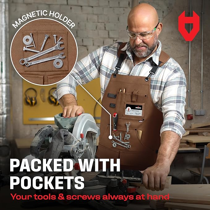 NoCry Woodworking Apron for Men — Reinforced Pockets with Metal Rivets, Magnetic Holder & Leather Tool Loops — Shop Aprons for Men with Cross-Back Straps, Non-Slip Shoulder Pads & Quick-Release Buckle