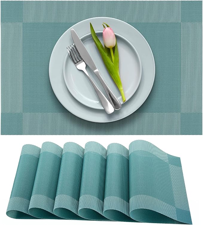 More Décor Dining Table Placemats, Washable Heat-Resistant PVC Vinyl Table Mats for Dining Room and Kitchen, Anti-Slip - Set of 4 -Sky Blue