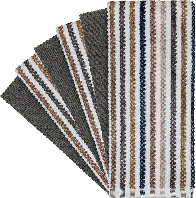 Premium Kitchen Towels (16”x 26”, 6 Pack) | Large Cotton Kitchen Hand Towels | Popcorn Striped Design | Dish Towels | 430 GSM Highly Absorbent Tea Towels Set with Hanging Loop | Gray