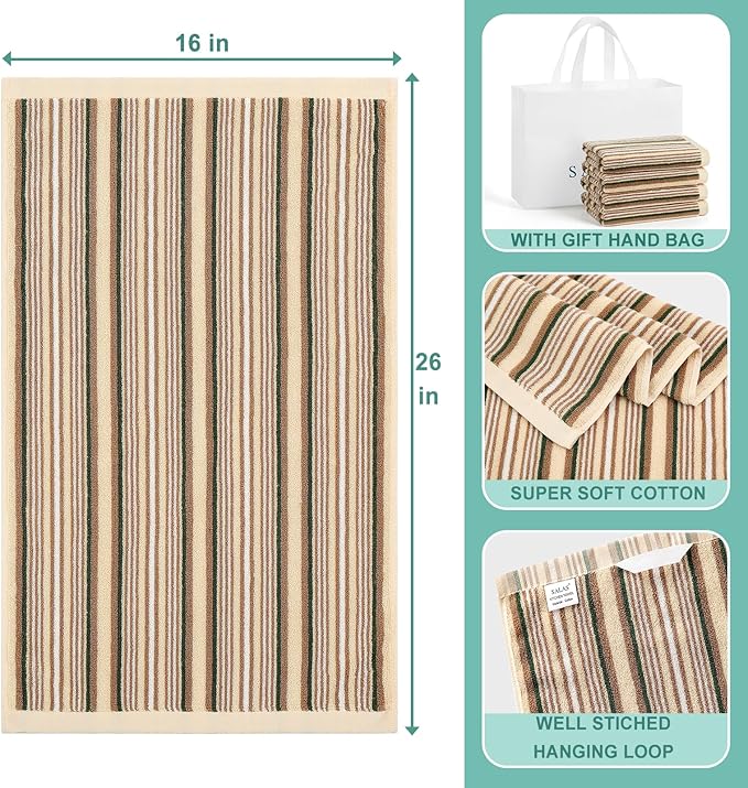 SALAS Kitchen Dish Towels for Drying Dishes, Large Cotton Kitchen Cloths Hand Towels, Stripped Terry Dish Cloths, Thick Highly Absorbent Towel Sets with Hanging Loop, 16" X 26"