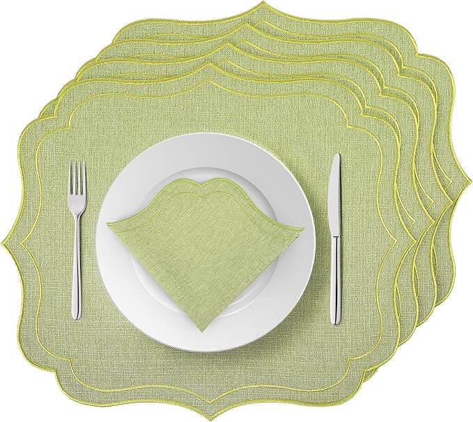 Linen Placemats Set of 4, Sage Green Embroidered Place Mats 16x18 Inch, Scalloped Edge Washable Fabric Table Mats, Wavy Shape Table Decor for Wedding Baby Shower Party Dining Room