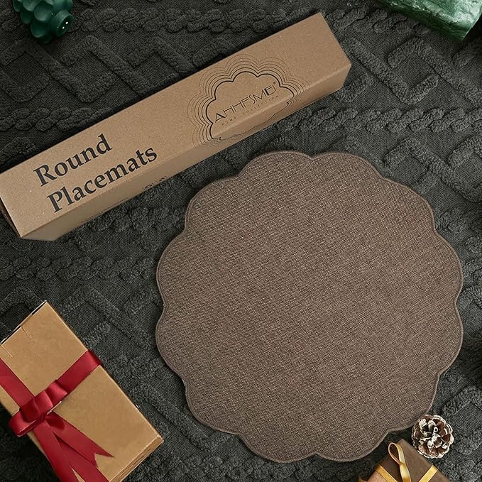 AHHFSMEI Round Faux Linen Placemats Set of 4 Heat Resistant Non-Slip Stain Proof Table Mats for Kitchen Dining Elegant Decor Place Mats (Brown,4)
