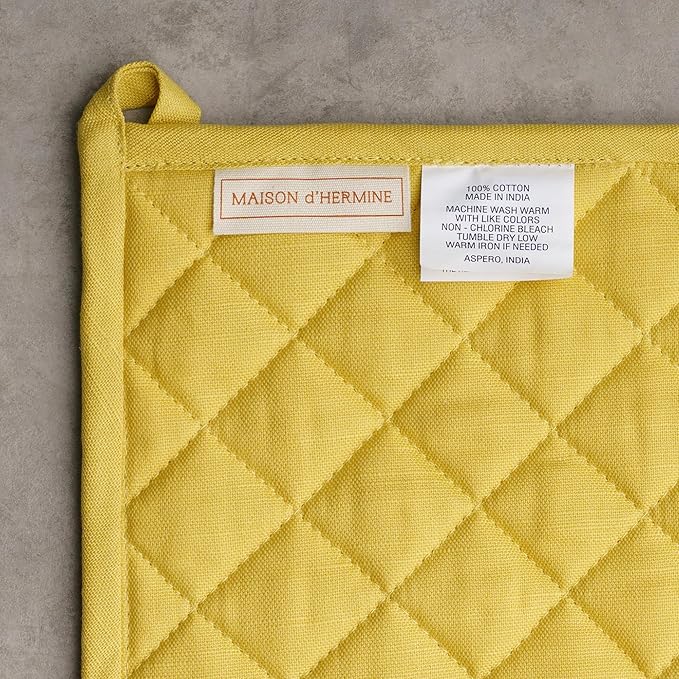 Maison d' Hermine 100% Cotton Oven Mitt & Pot Holder Set (7.5"x13" & 8"x8") Heat Resistant BBQ Cooking Gloves with Loop Baking Grilling Kitchen Gifts for Mothers Day Spring/Summer (Limoncello)