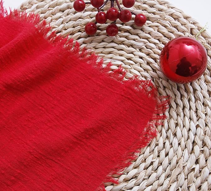 Cloth Napkins with Fringe Set of 12,100% Soft Cotton, Gauze Washable Napkins for Wedding Decorative,Valentine's Day, Dinner Parties,(16''*16'') Red