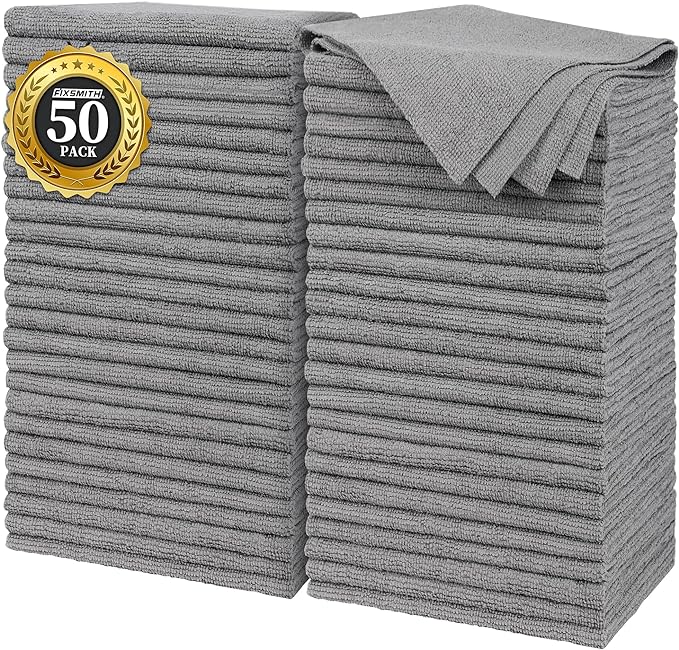 FIXSMITH Grey Microfiber Cleaning Cloth, Pack of 50, 16"X12" Cleaning Rags for Housekeeping and Kitchen, Reusable Shop Towels, Microfiber Towels for Cars, Lint Free, Scratch-Free, Highly Absorbent