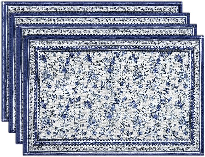 comfoyar Floral Branches Blue Placemats Set of 4, 12x18Inch Non-Slip Vintage Flower Place Mats, Rustic Country Style, Washable Absorbent Table Mats for Framhouse Kitchen Dining Party Table Decoration