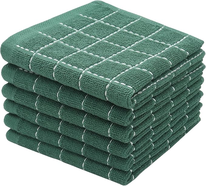 Natural Cotton Dish Cloths Waffle Weave Kitchen Towels,Ultra Absorbent Quick Drying Dish Towels, Soft Comfort Cleaning Cloth Washcloths, Set of 6 (Dark Green, 12 x 12 Inches)