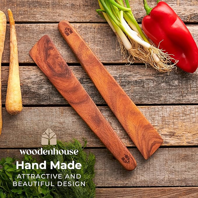 Wooden Spatula for Cooking Set of 2-12 Inch Teak Spatula for Non Stick Frying Pan - Turner & Flipper for Cast Iron, Egg & Pancake Scraper - BPA Free & Heat Resistant Wooden Cooking Utensils