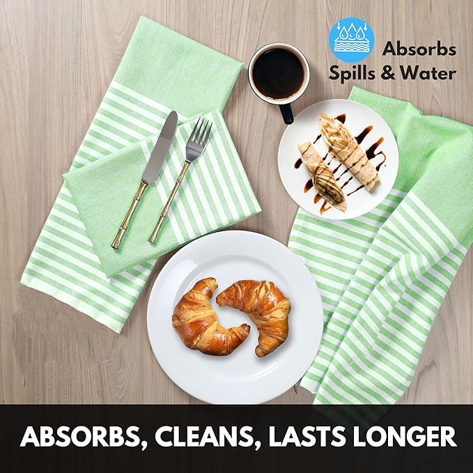 Stripe Cloth Dinner Napkins 4 Pack, 18x18 Inches, 100% Cotton, Machine Washable Table Linen, Durable Reusable Cloth for Everyday Meals, Farmhouse Easter Dining, Green Chambray